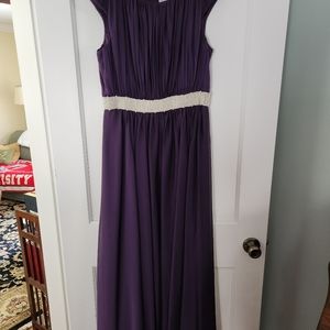 JS Collections, Purple chiffon evening dress, seed pearl above waist belt, sz 10